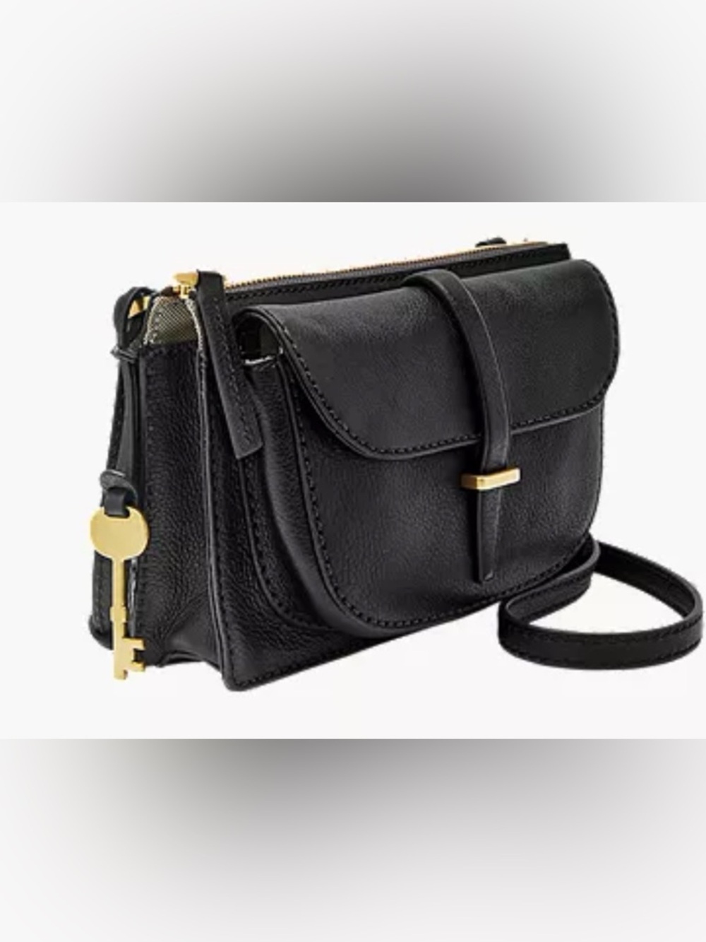 FOSSIL Structured Black Leather Crossbody with Gold Key Charm